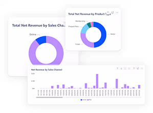 Dashboard showing total net revenue with donut charts by sales channel and product, and a bar chart of net revenue by sales channel over time.
