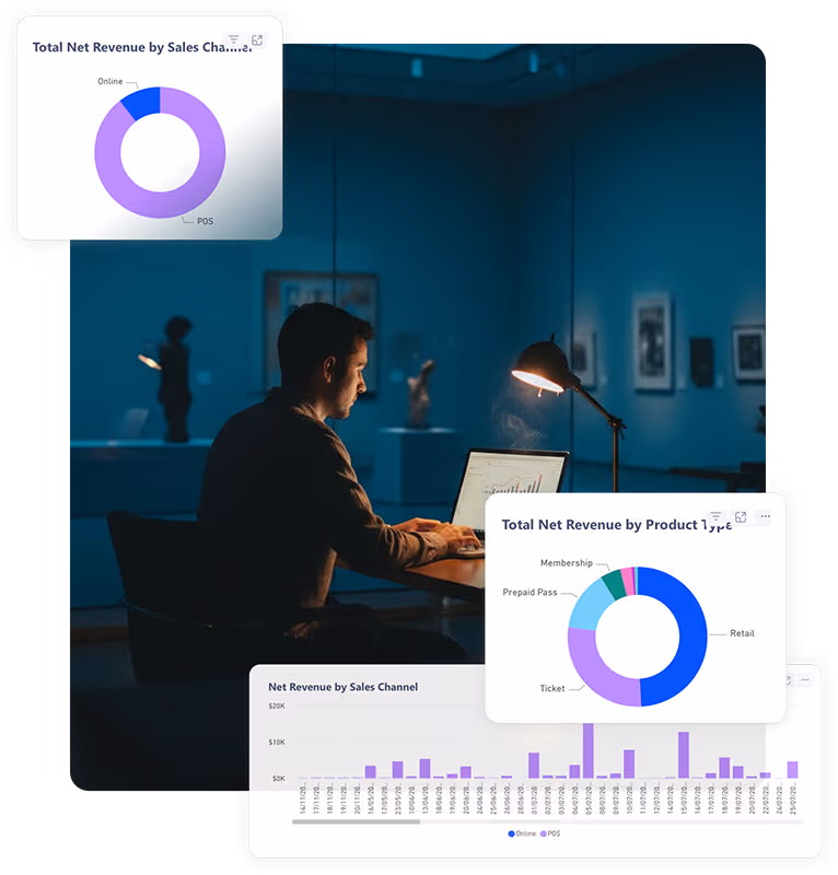 Manager reviews real-time analytics dashboards tracking revenue by channel and product type