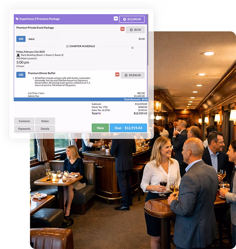 Corporate event on scenic train with automated invoicing and group booking software displayed