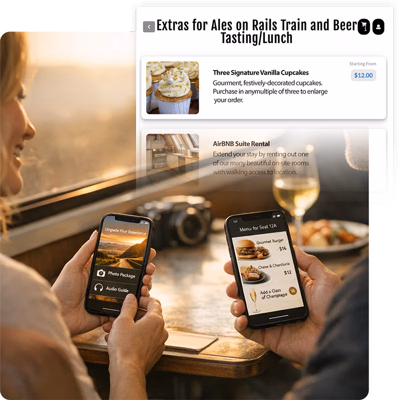 Guests browse dining upgrades and photo packages on mobile during scenic railway experience