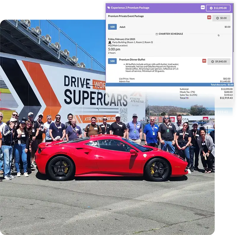 Corporate group at supercar track day with custom event package and itemized invoice
