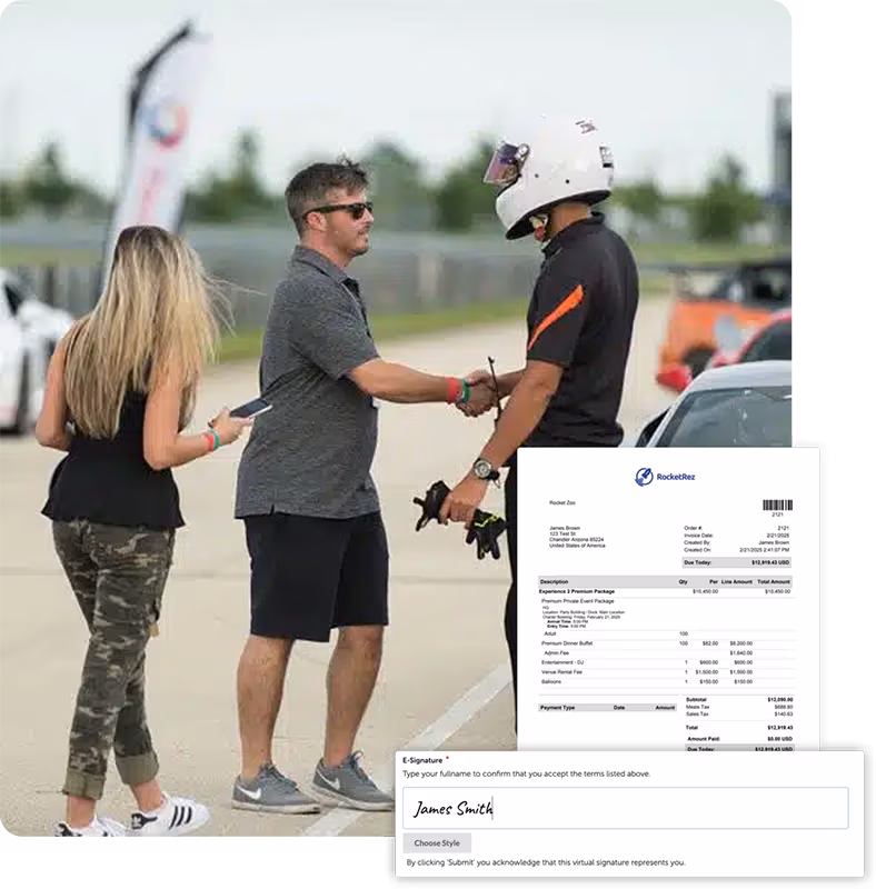 Race car experience check-in with linked purchaser invoice and participant e-signature waiver