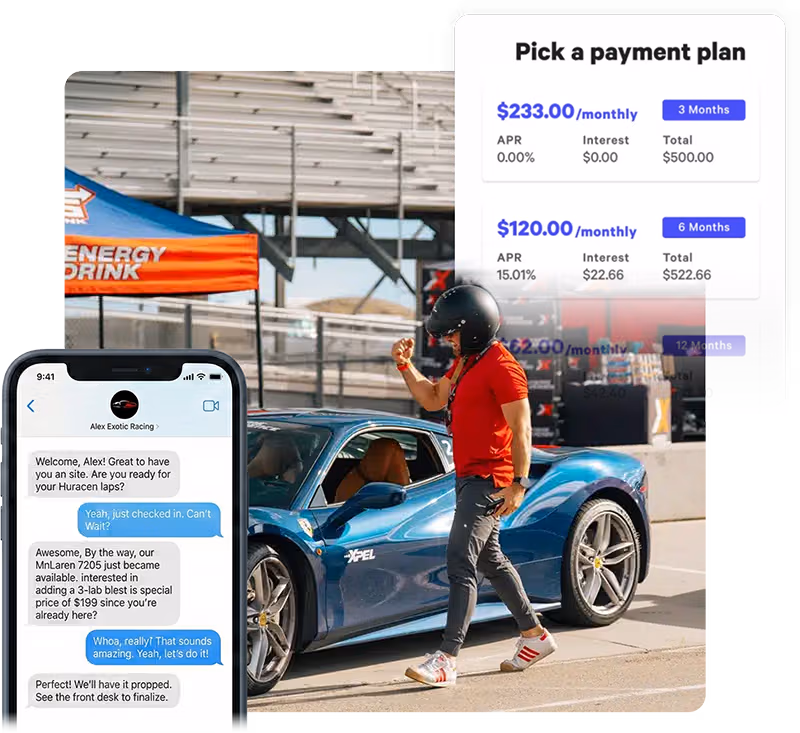 Race car experience with BNPL payment plan options and SMS upsell for extra laps at checkout
