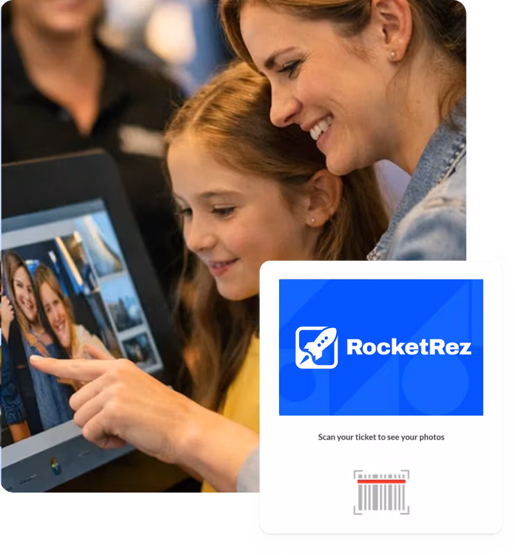 Family viewing experience photos on kiosk with RocketRez photo package scan prompt