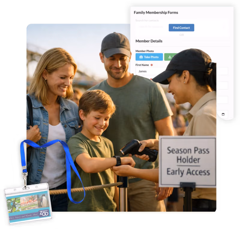 Family holding season passes at theme park with renewal reminder notification on phone