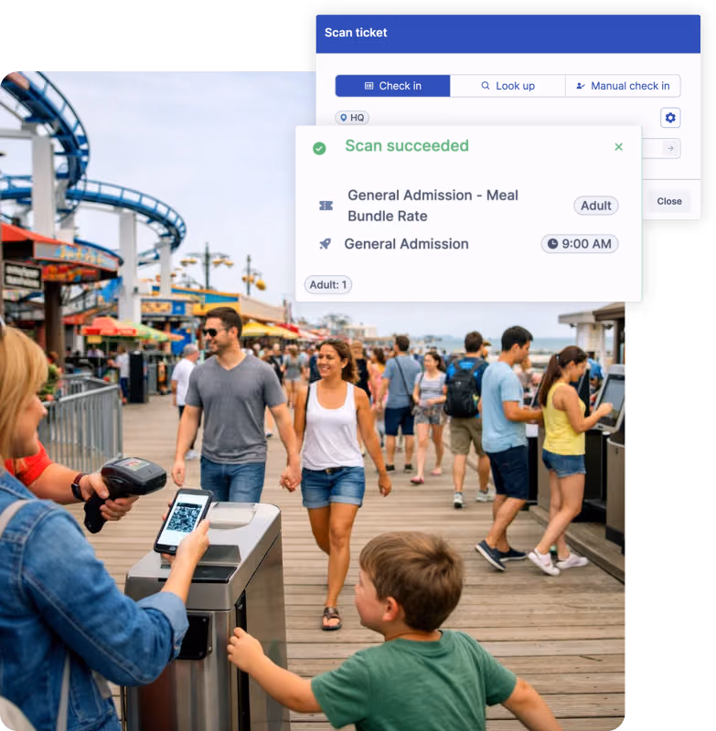 Staff scanning guest QR code at theme park ride gate for fast mobile access control