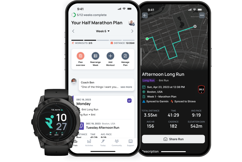 Runna running on a smartwatch and two phones.