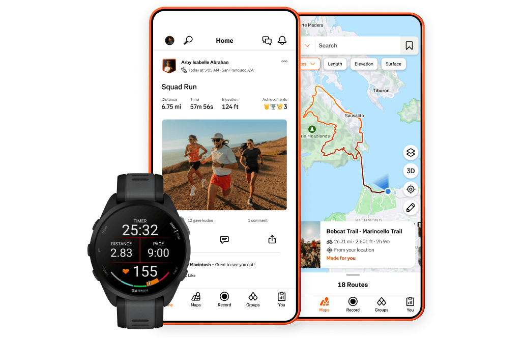 Strava running on a smartwatch and two phones.