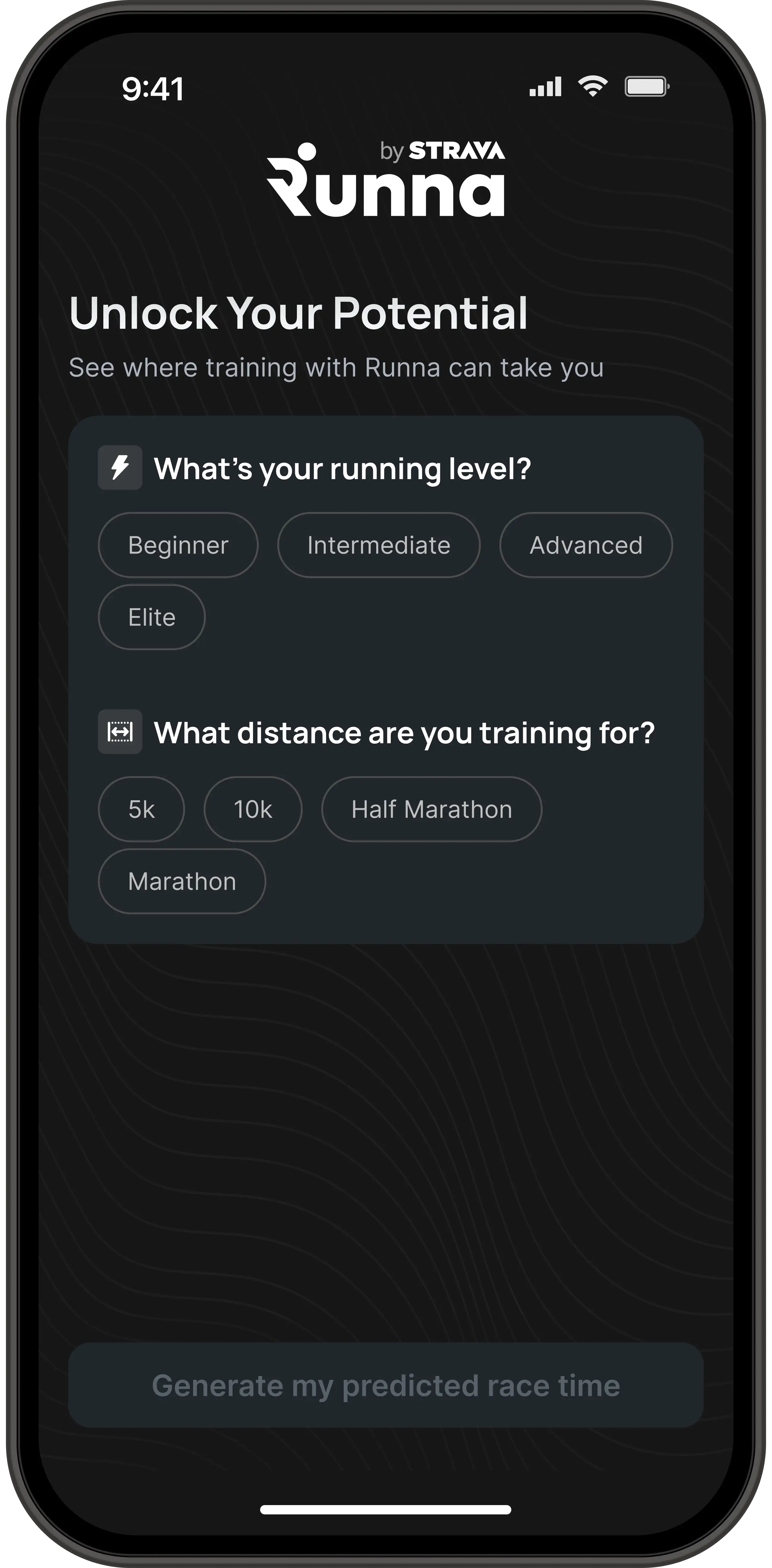 Mobile app screen titled 'Unlock Your Potential' by Strava Runna prompting users to select their running level—Beginner, Intermediate, Advanced, Elite—and training distance options including 5k, 10k, Half Marathon, and Marathon.