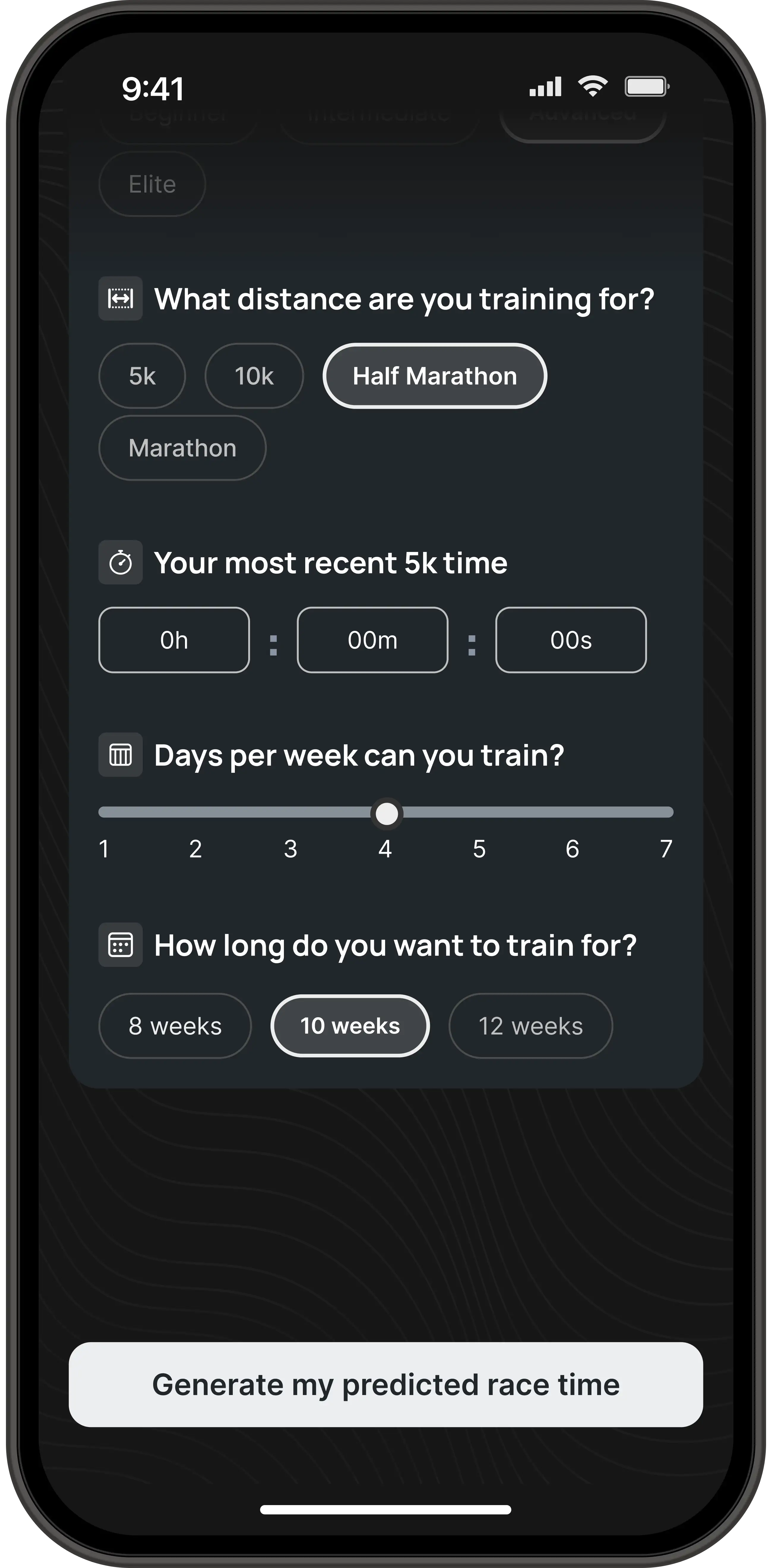 Mobile app screen showing training questions: selected Half Marathon distance, input fields for recent 5k time, slider set to 4 days per week training, and selected 10 weeks training duration with a button to generate predicted race time.