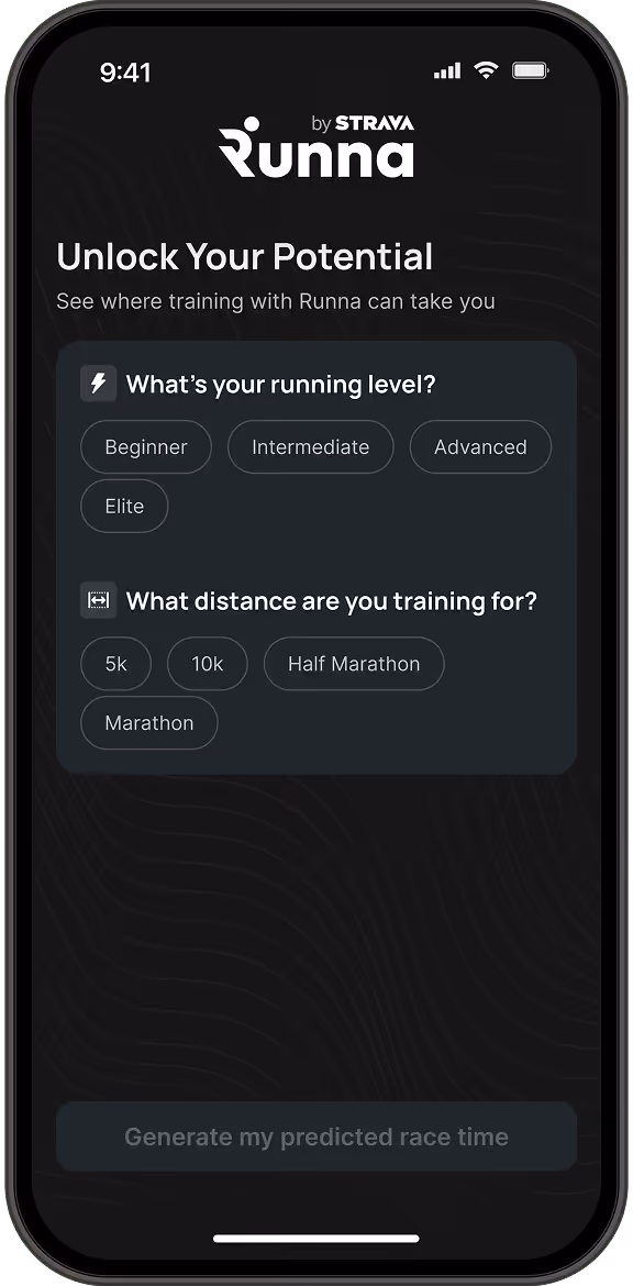 Mobile app screen titled 'Unlock Your Potential' by Strava Runna prompting users to select their running level—Beginner, Intermediate, Advanced, Elite—and training distance options including 5k, 10k, Half Marathon, and Marathon.
