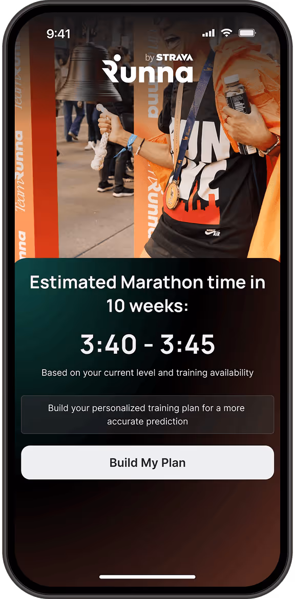 Mobile screen showing estimated marathon time in 10 weeks as 3:40 - 3:45 with a button to build a training plan.