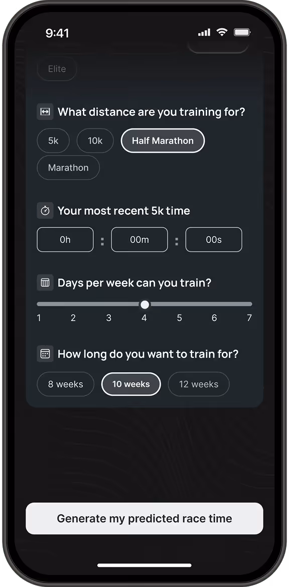 Mobile app screen showing training questions: selected Half Marathon distance, input fields for recent 5k time, slider set to 4 days per week training, and selected 10 weeks training duration with a button to generate predicted race time.