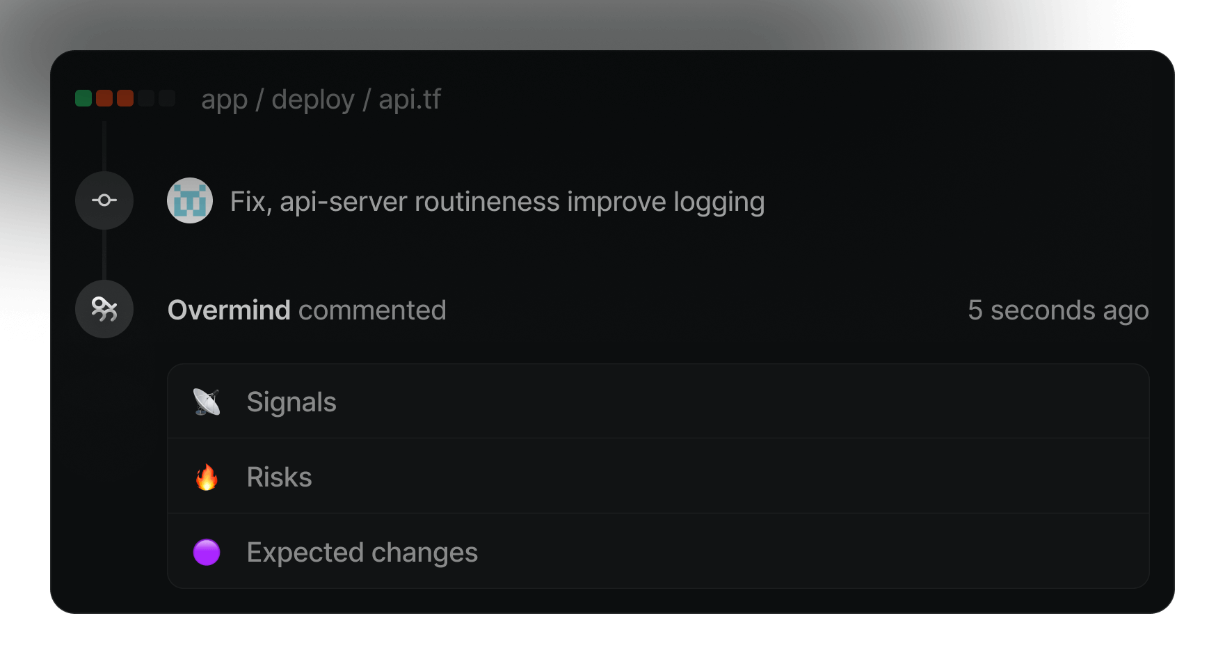 Graphical representation of a GitHub comment with a Overmind assertion