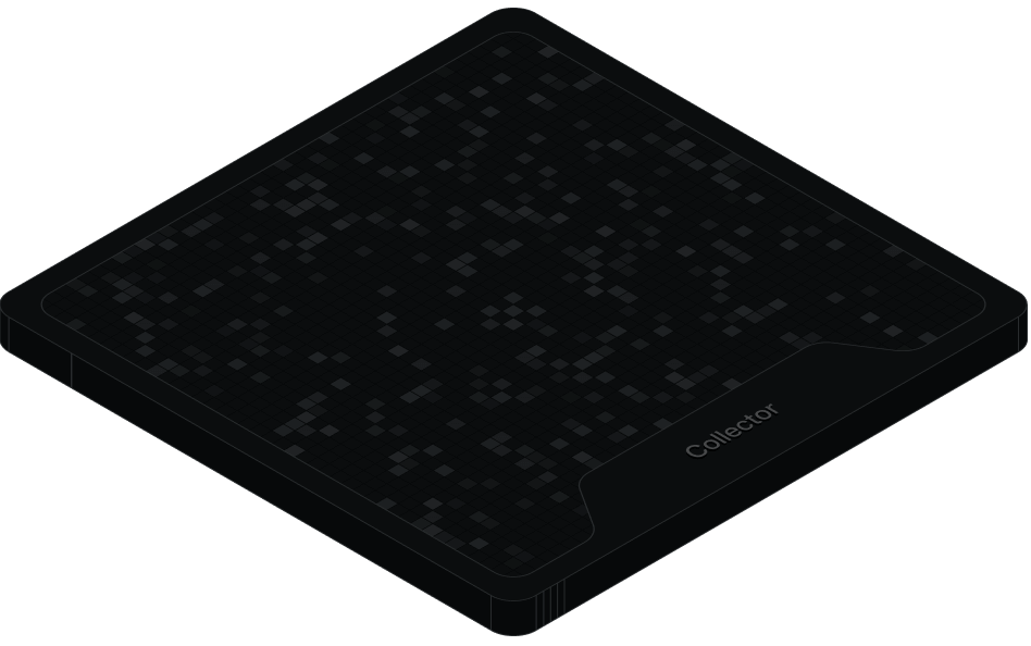 Isometric view of a dark rectangular grid device labeled 'Collector' with scattered illuminated squares on its surface.