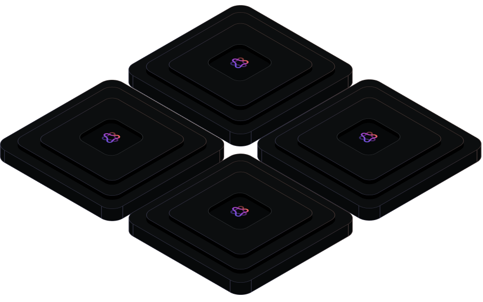 Four dark square layered blocks arranged in a diamond shape, each with a small colorful intertwined loop symbol in the center.