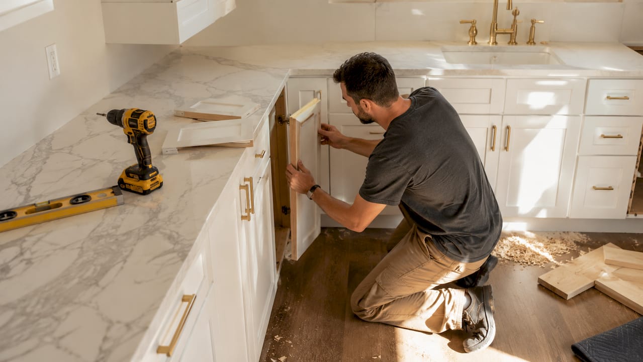 Close-up hands installing kitchen cabinets