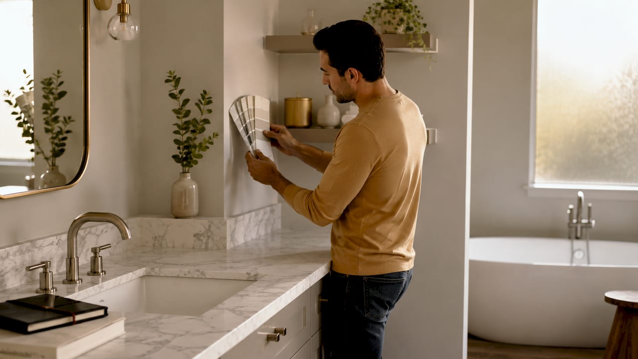 Man testing paint chips under bathroom lighting