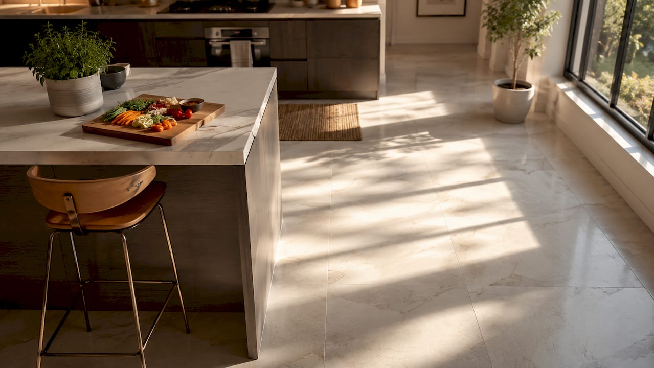 Porcelain tile kitchen floor under bright sunlight