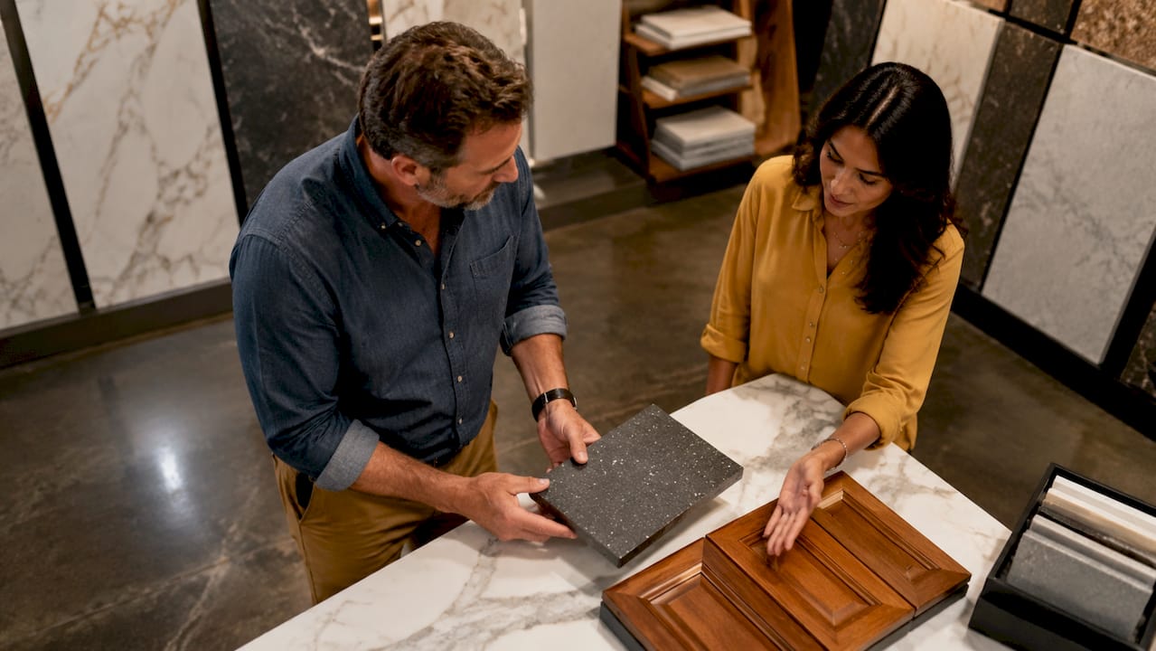 Hands comparing quartz countertop samples