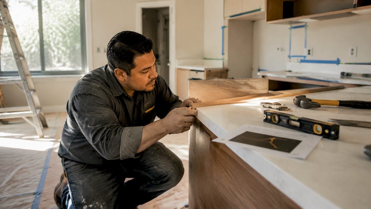 Contractor installing laminate kitchen countertop