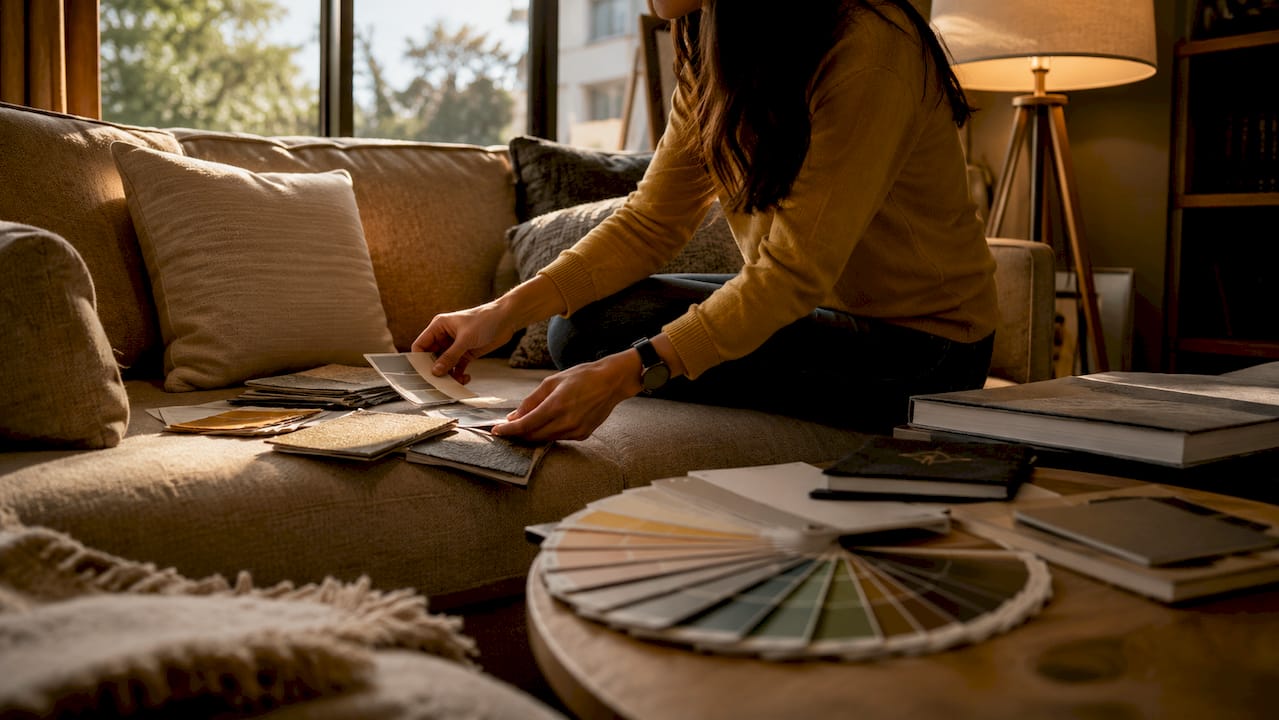 Hands arranging paint and fabric samples