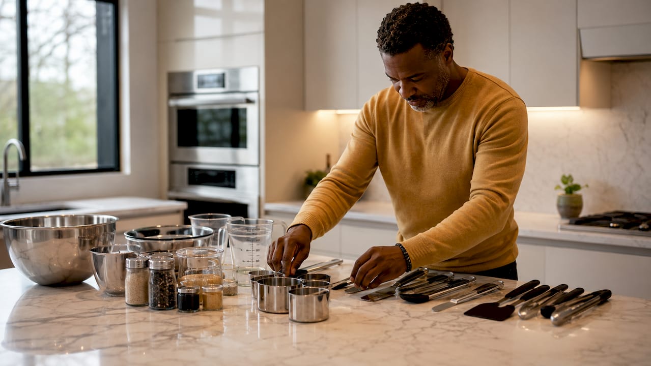 Overhead view of man organizing kitchen task zones
