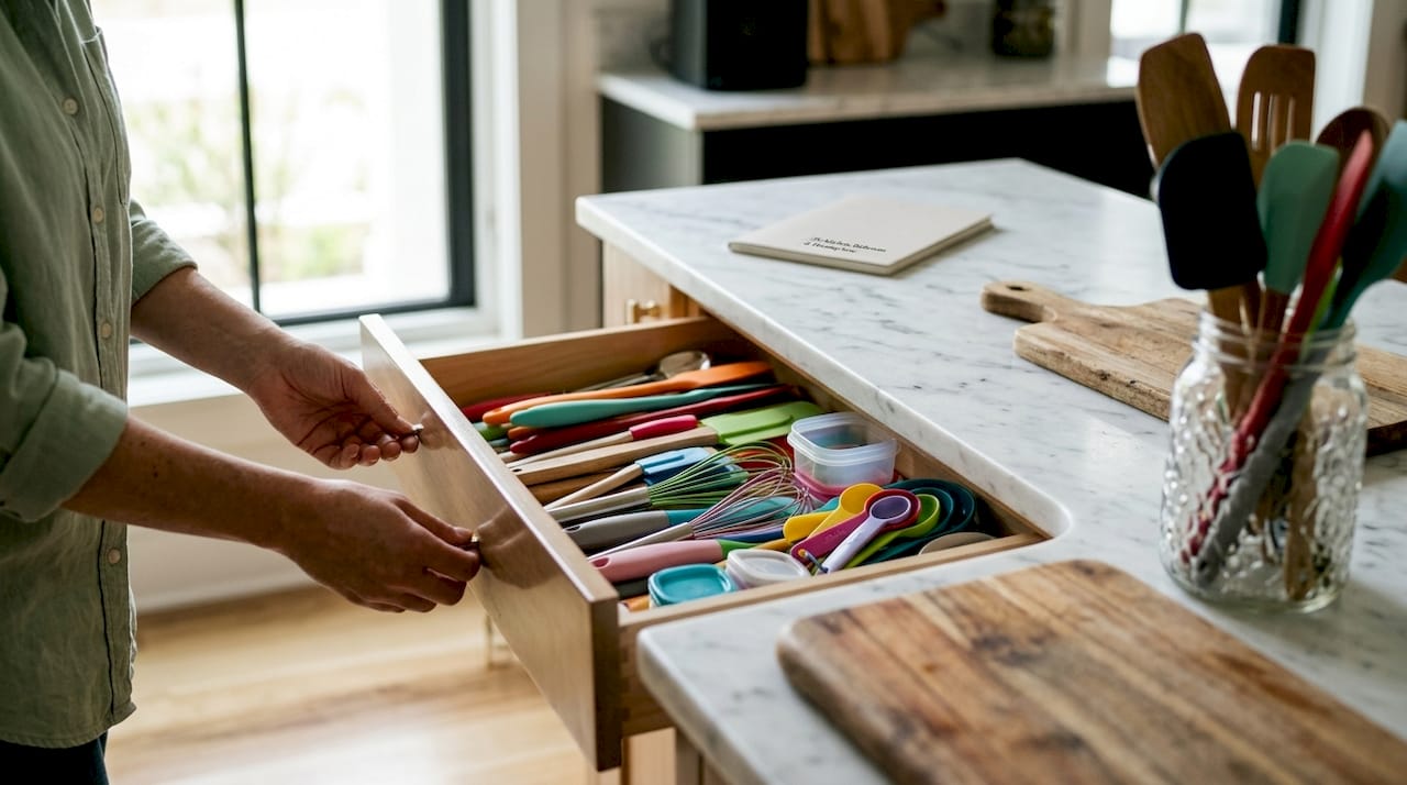 Hands using pull-out cabinet tray