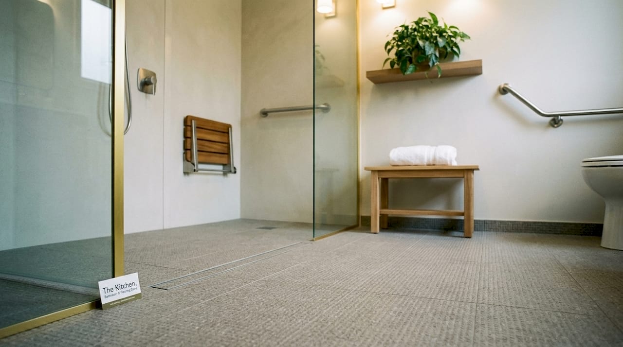 Modern curbless accessible bathroom interior