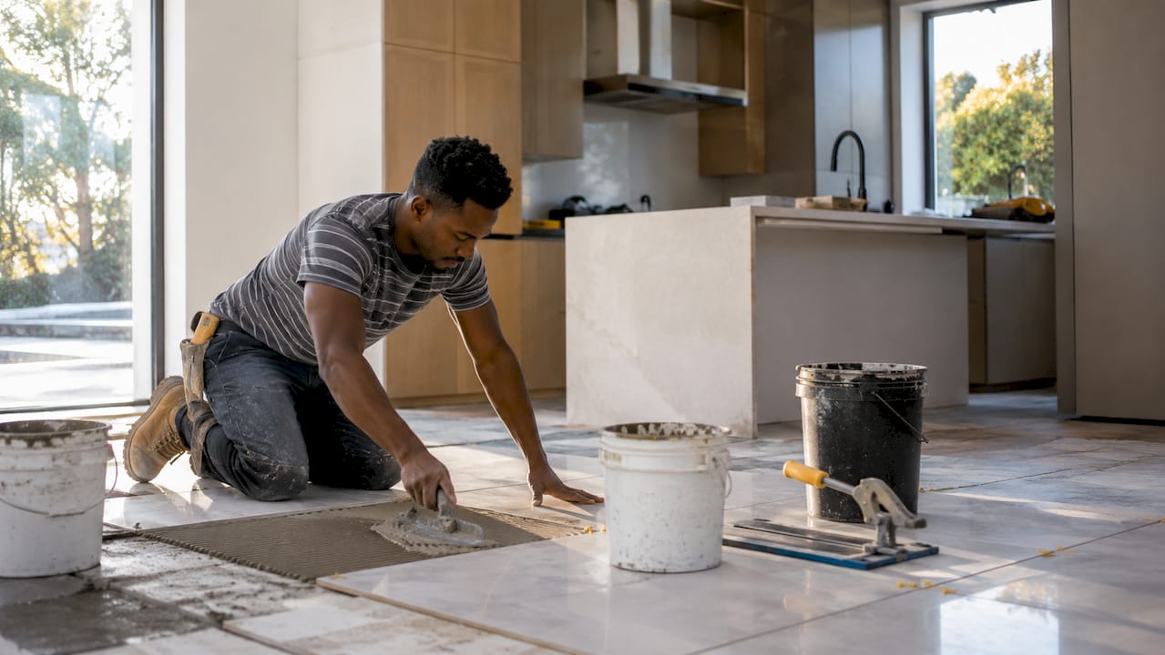 Tile installer applying adhesive in bathroom
