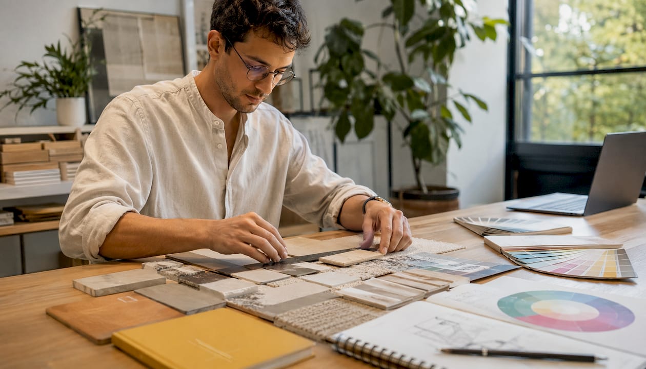 Designer arranging renovation material samples