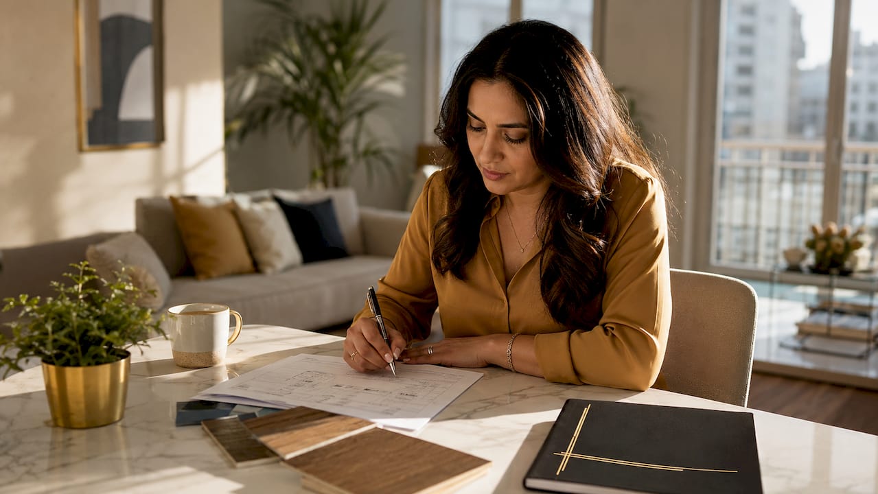 Woman reviewing flooring contractor contract at table