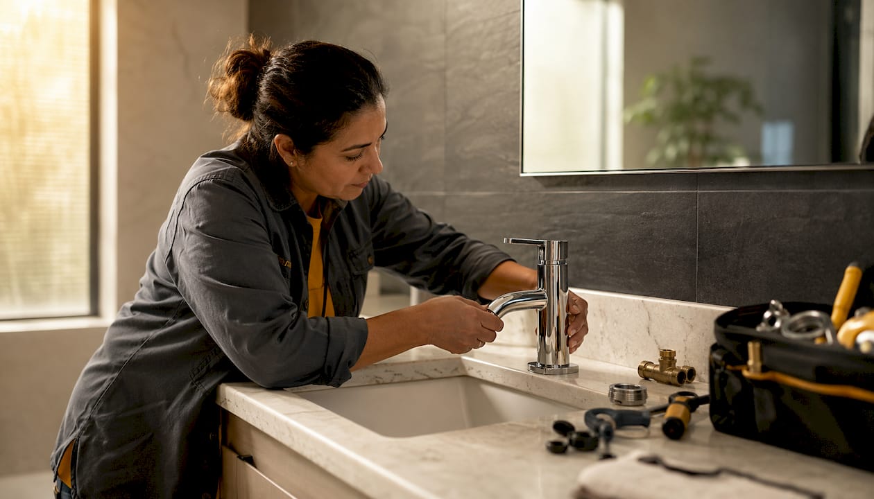Contractor installing bathroom faucet close-up