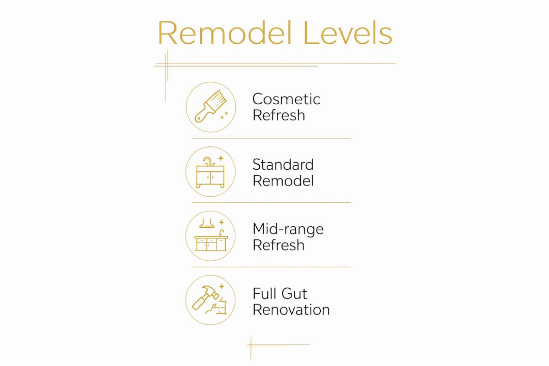 Infographic illustrating bathroom remodel levels and costs