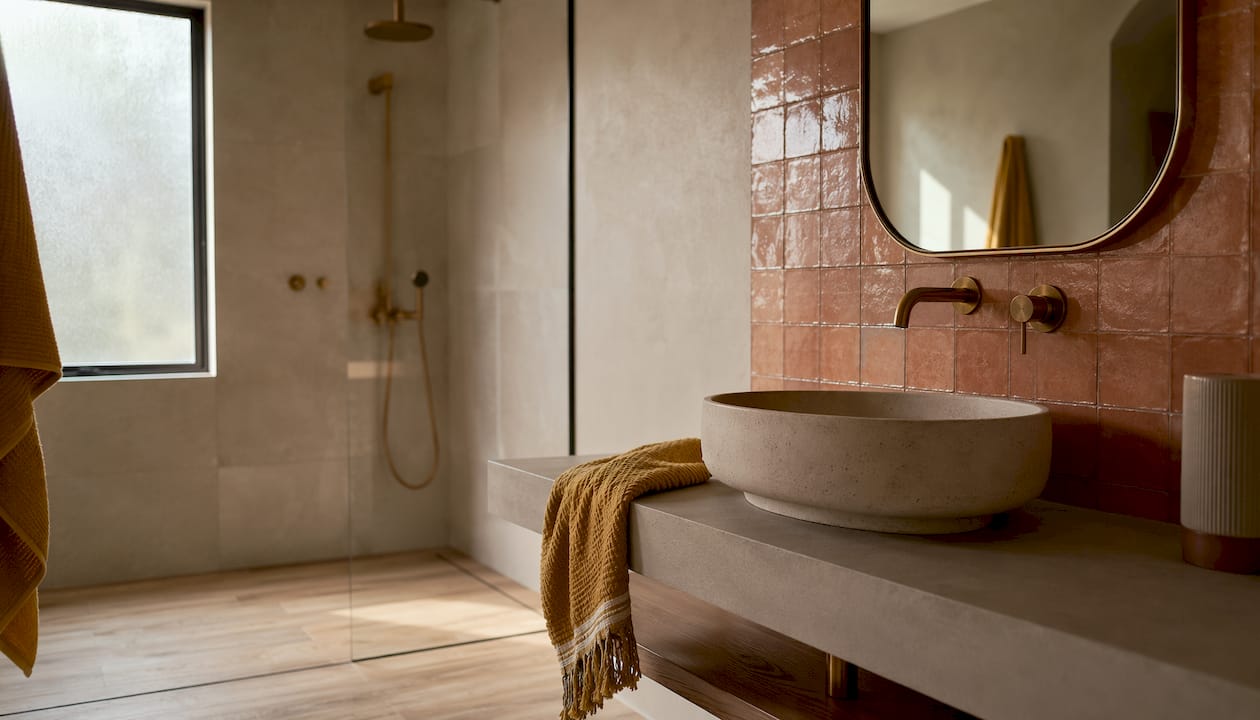 Modern bathroom with continuous tile flooring and feature wall