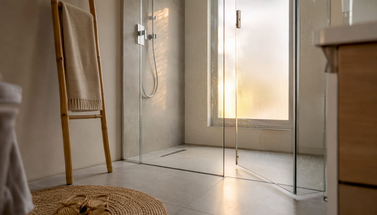 Clear frameless glass shower with continuous floor tiles