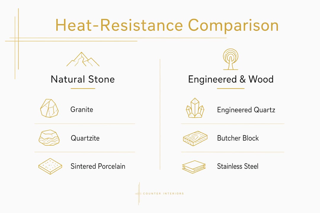 Infographic comparing heat resistance of countertop materials