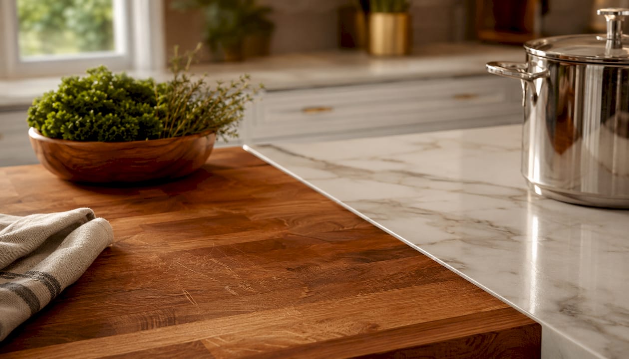 Butcher block countertop inset next to granite near stove