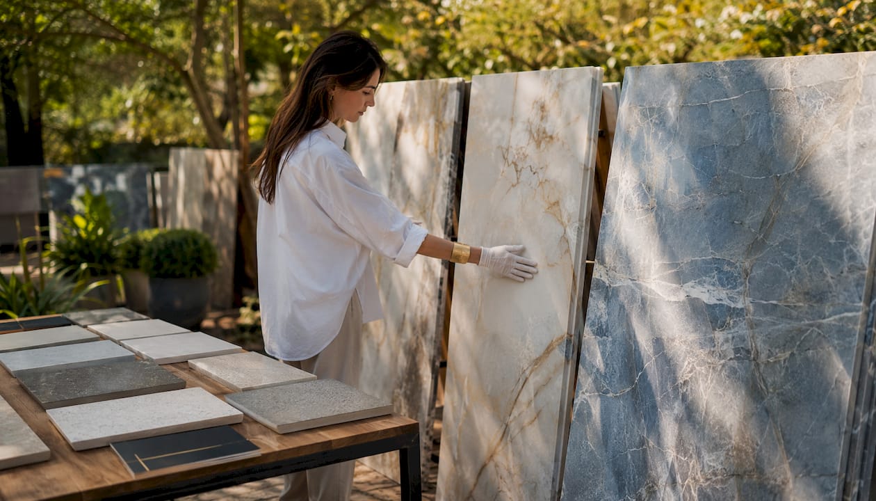 Close-up of quartzite slabs in showroom touched by hand