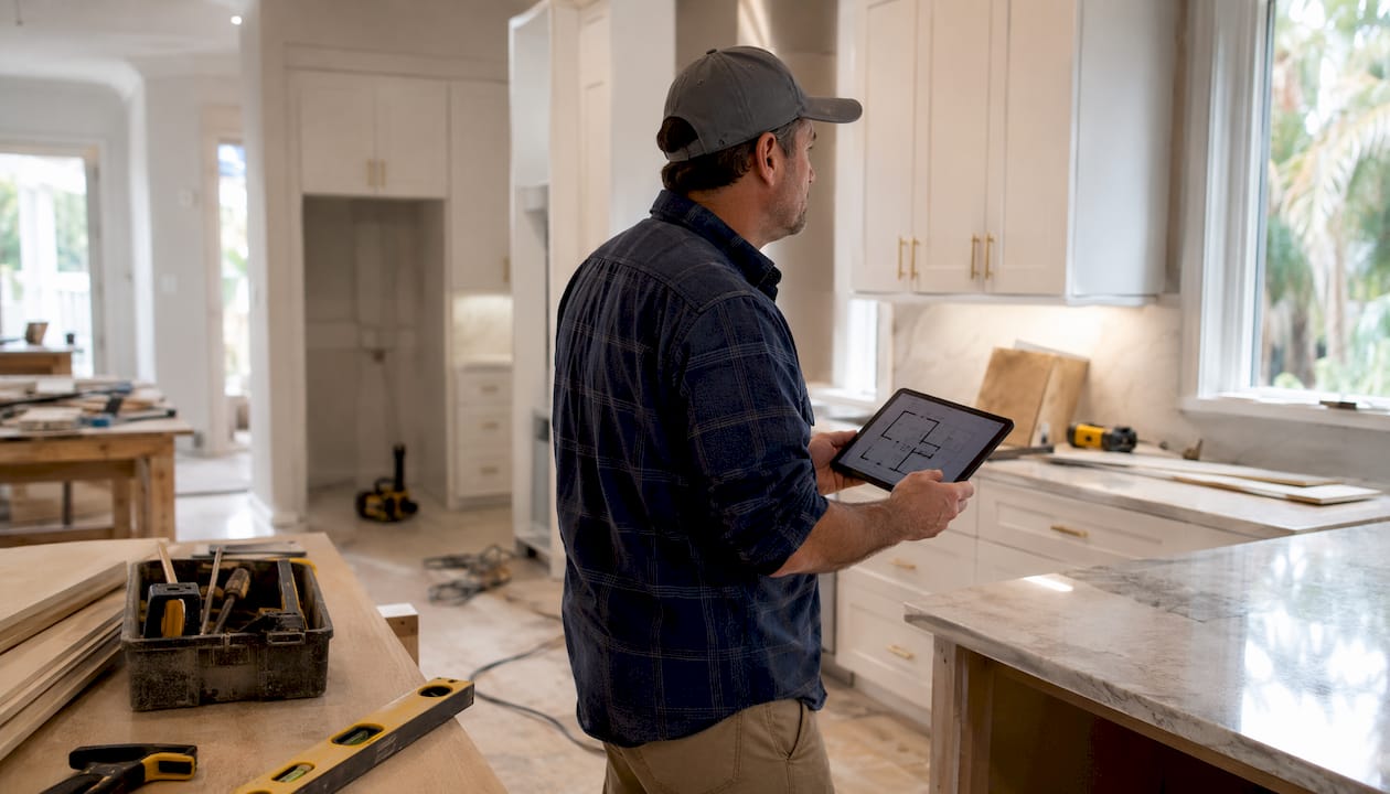 Contractor reviewing kitchen remodel timeline at site