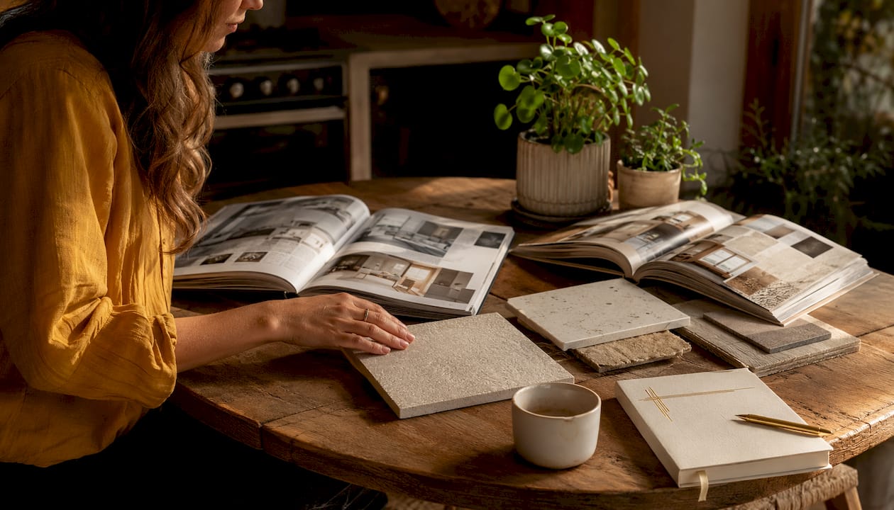 Overhead view of kitchen style design materials on table