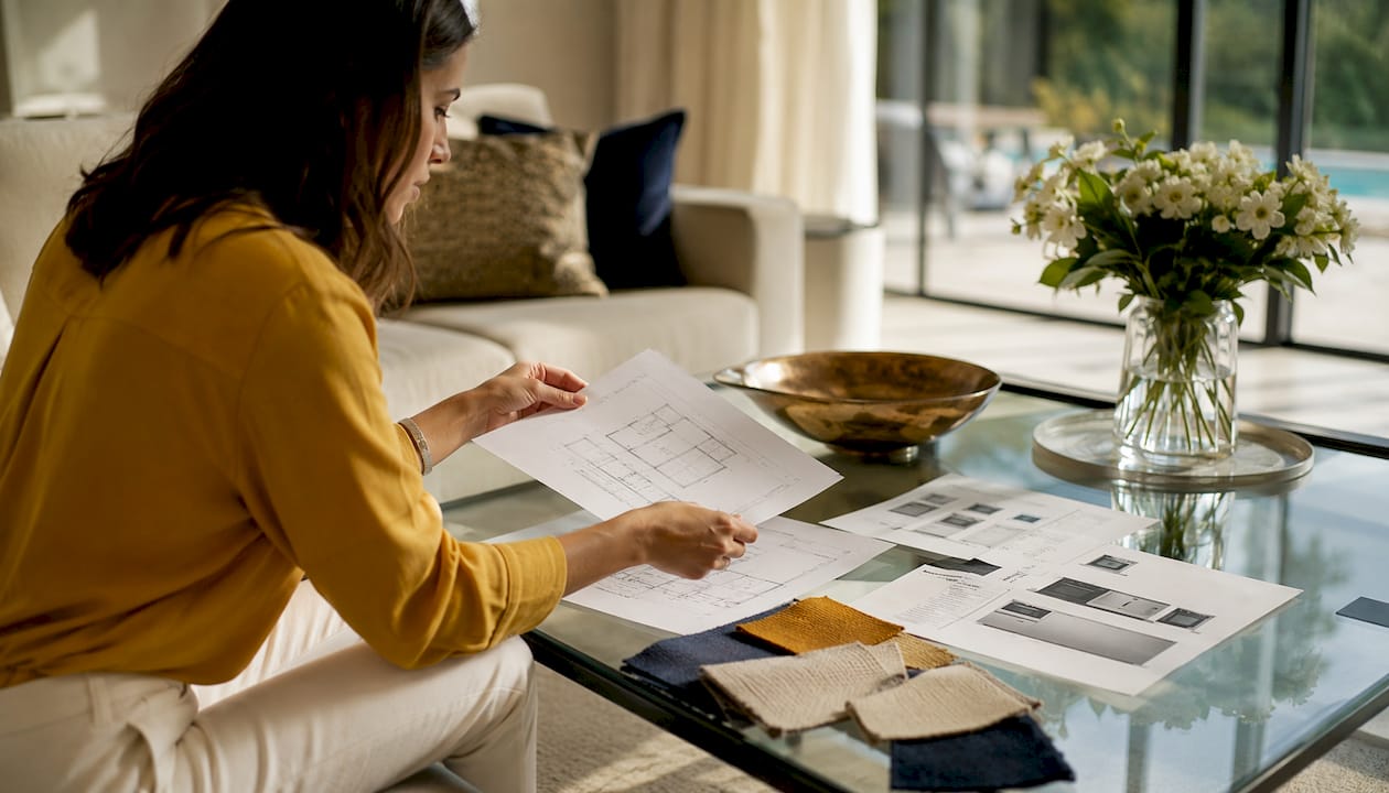 Overhead view of homeowner preparing remodeling documents on table