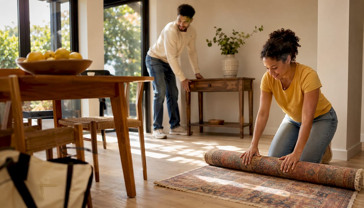 Couple moving furniture before floor install