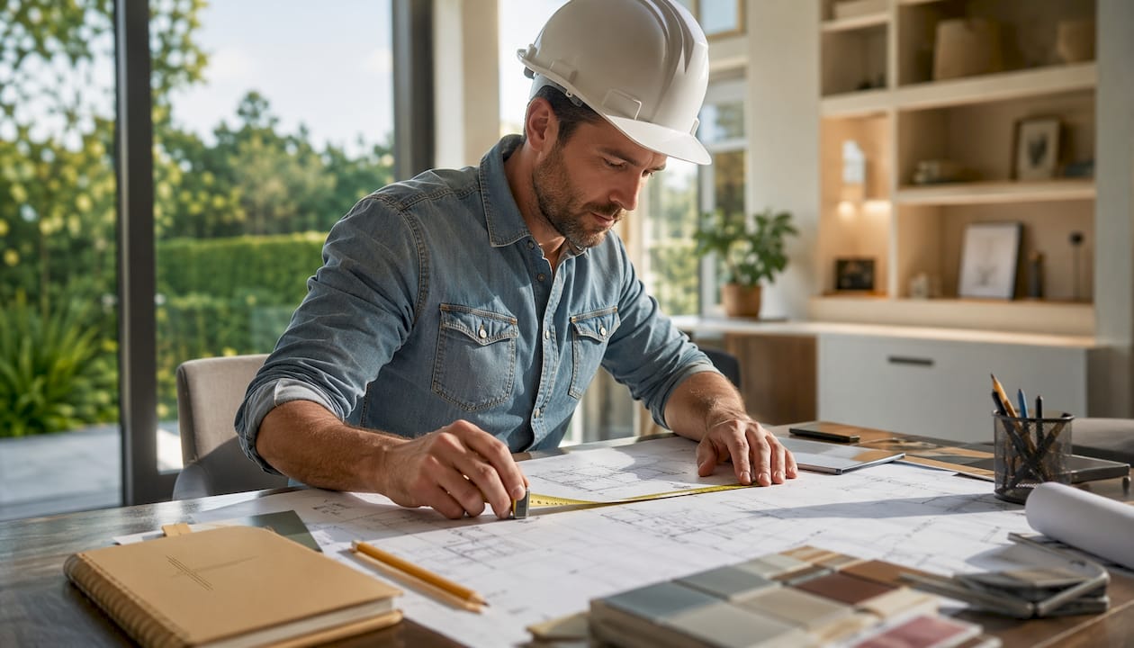 Project manager reviewing renovation blueprints onsite