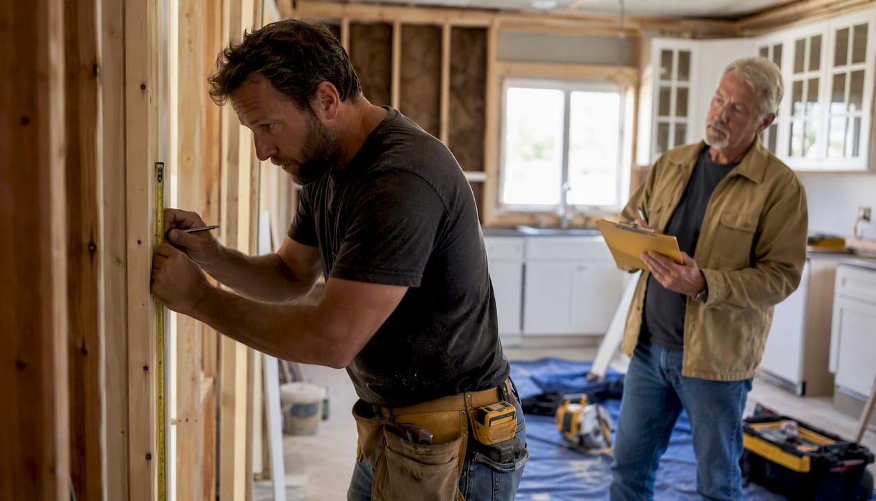 Contractor and homeowner discussing active kitchen remodel