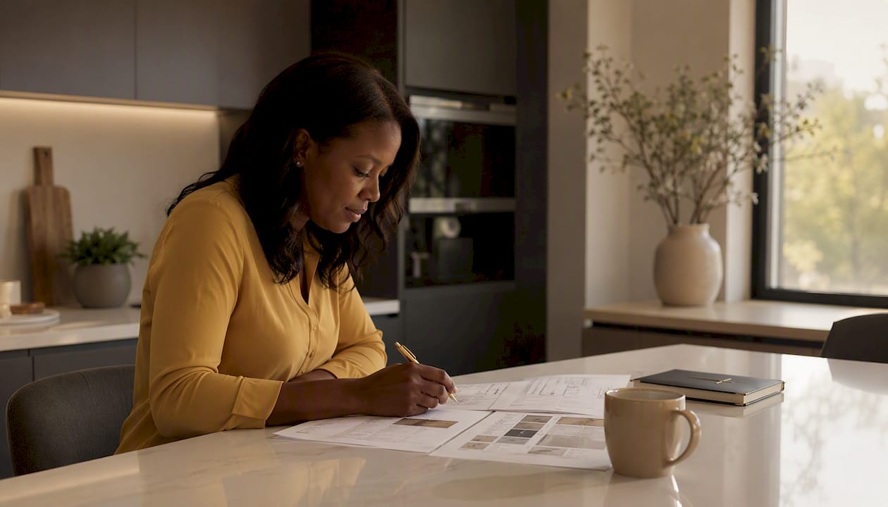 Woman reviewing kitchen remodel bid at home office table