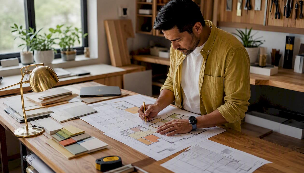 Contractor managing project tools at desk