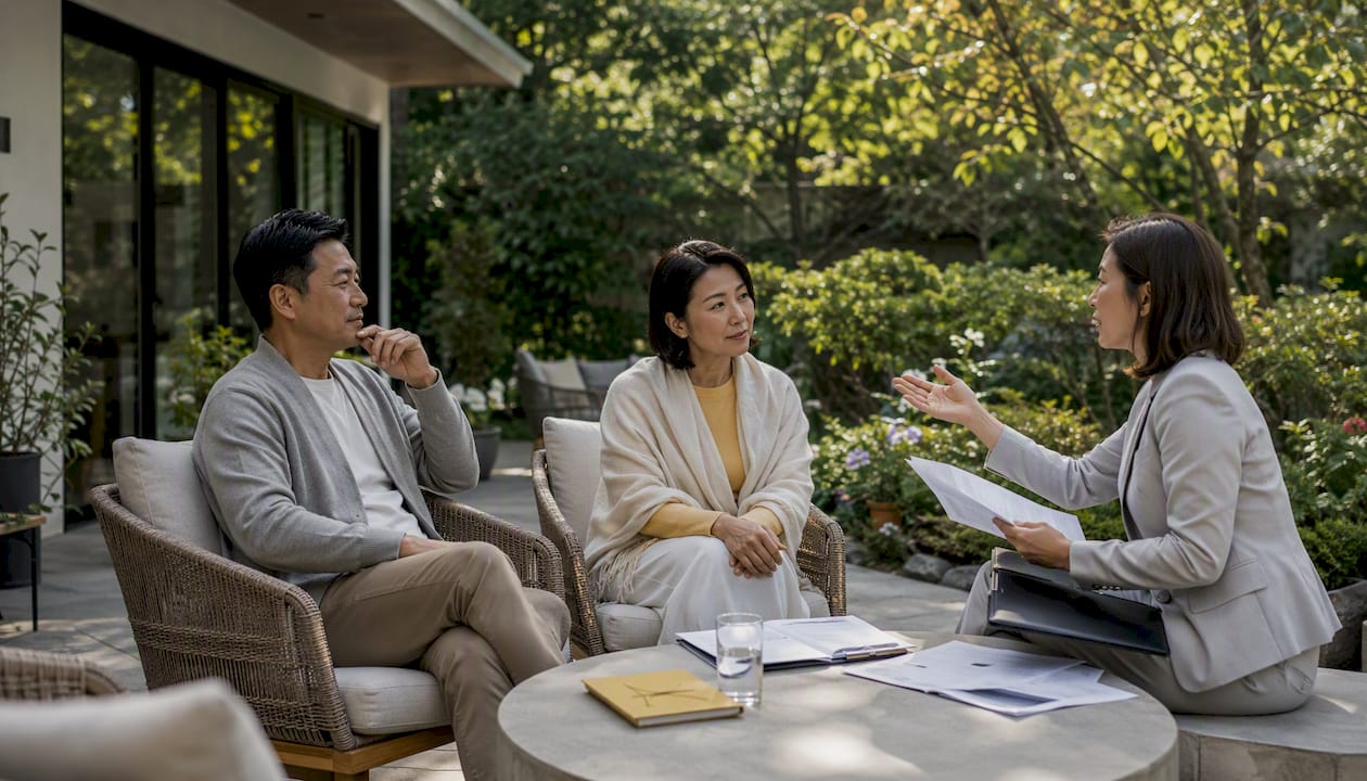 Couple consulting financial advisor on home equity loan