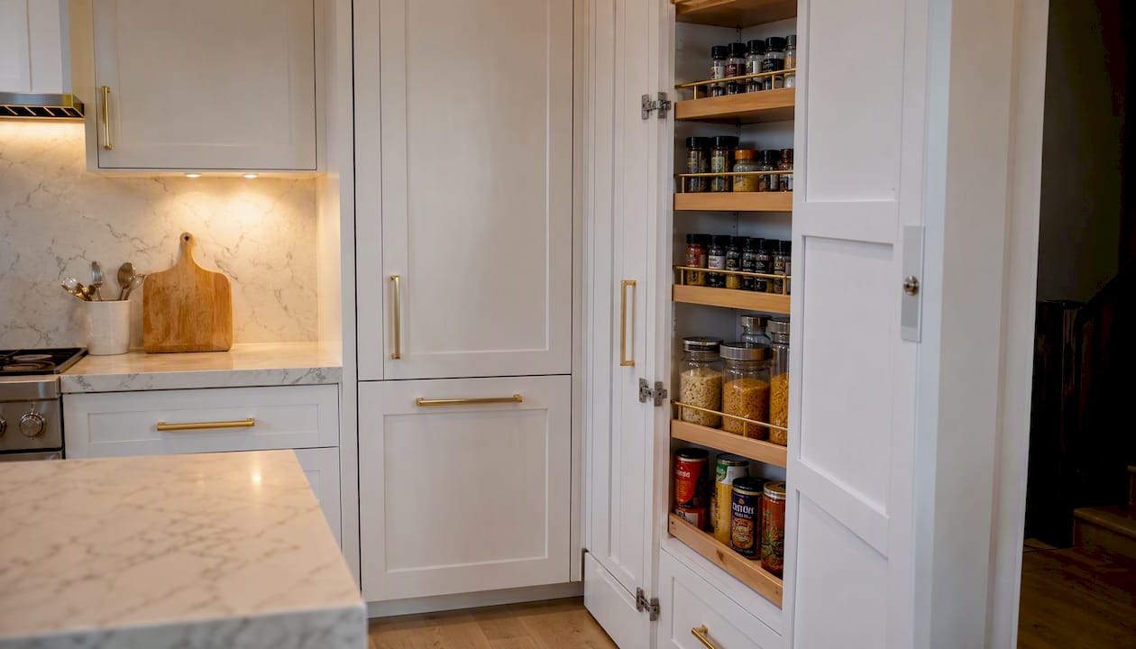 Vertical storage pull-out pantry in small kitchen