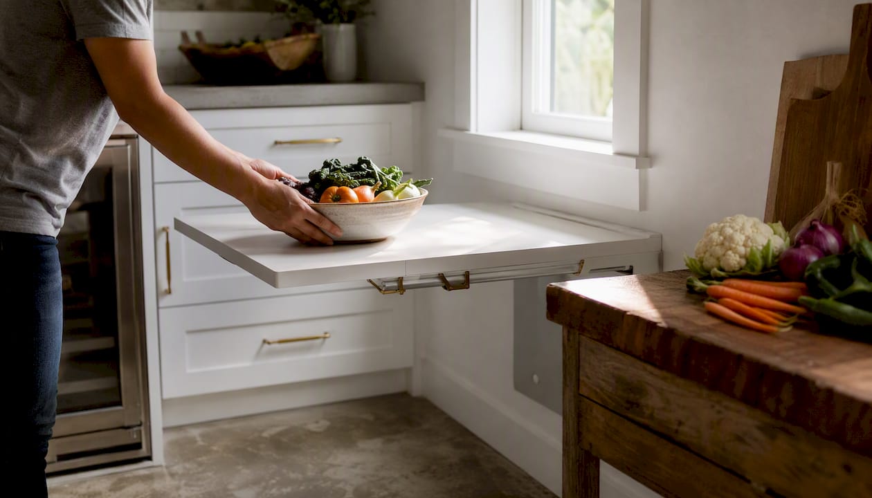 Fold-down kitchen counter and rolling butcher-block cart